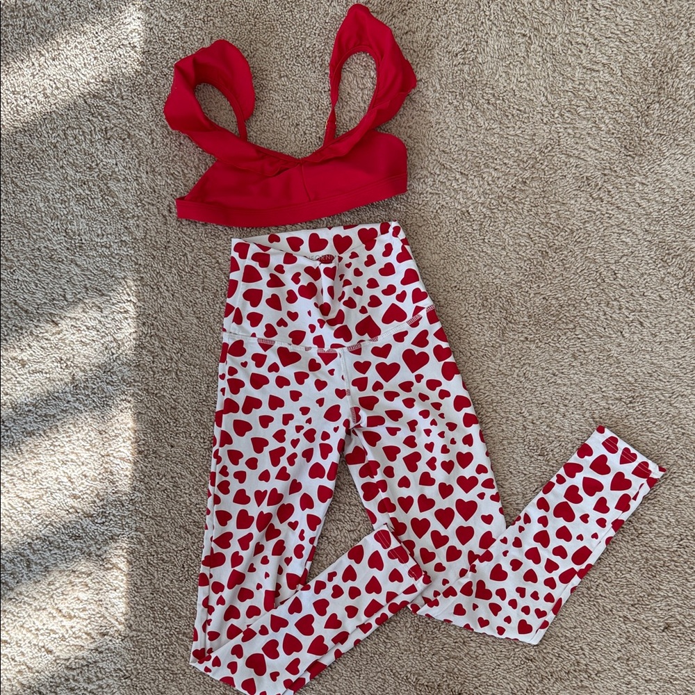 California Kisses Dancewear Set - Heart Print Kids Leggings and Red Top